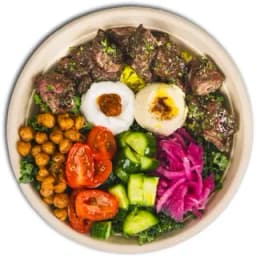 Protein over rice & kale with tomatoes, cucumbers, hummus, toum, fried chickpeas, pickled onions & harissa